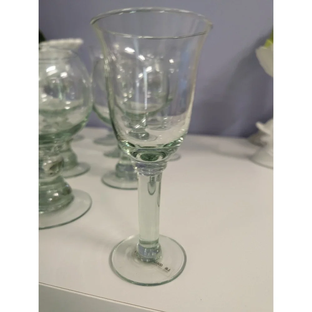 la mediterranea Set/9 Hand blown Green Wine, Beer, Water Goblets NEW!